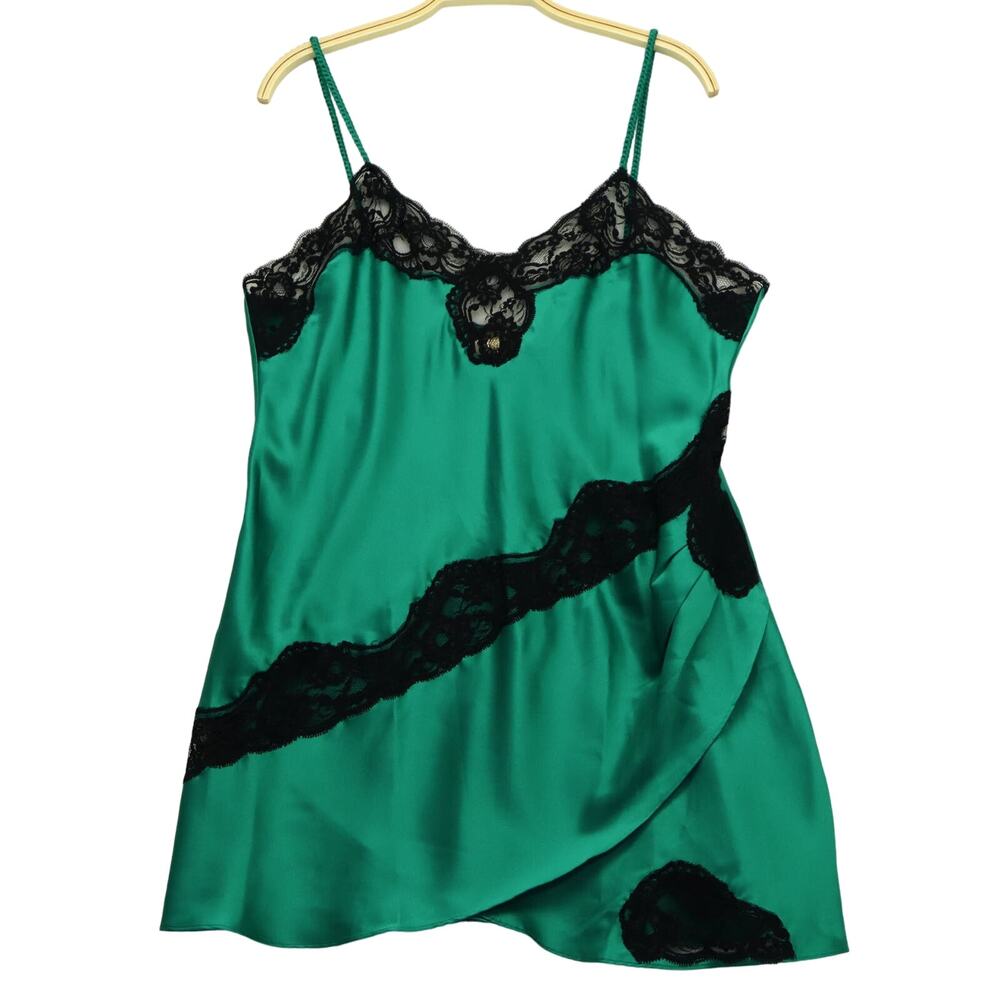 VTG Victoria's Secret Gold Label Cami Nightie L Satin Green Lace Pleated Chemise